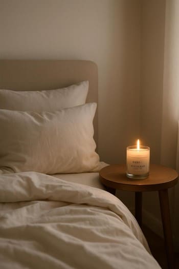 Yataq otağında çiçəkli pinco şamı və yumşaq yataq teksturaları