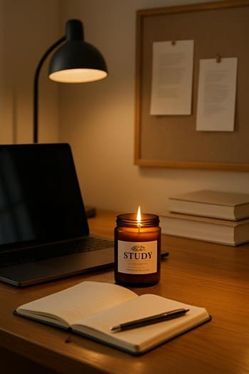 İş masasında noutbuk, dəftər və pambıq notlu pinco şamı