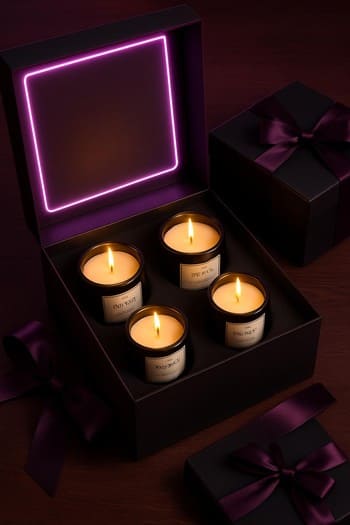 Neon işıq fonunda böyük Craft&Glow hədiyyə qutusu və içində bir neçə şam