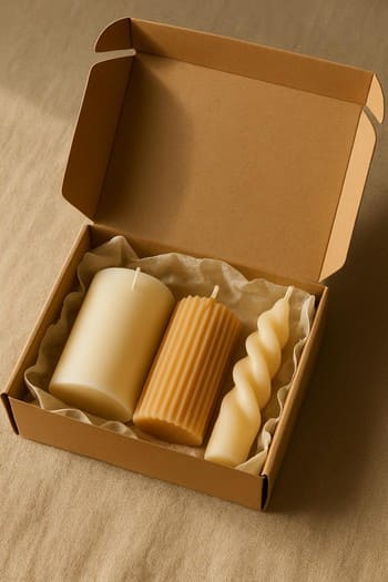 Açıq Craft&Glow hədiyyə qutusu, içində iki şam və diffuzor