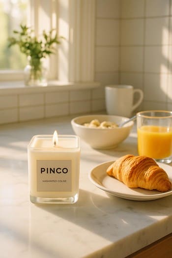 Səhər mətbəxində fincan və yanında pinco şamı ilə təmiz atmosfer