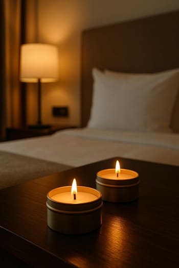 Otel tumbasının üstündə mini şam, telefon və su stəkanı