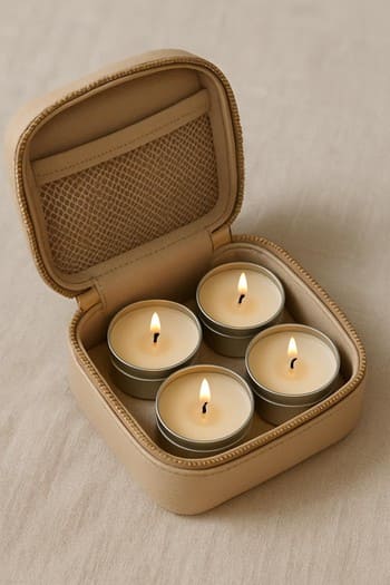 Açıq əl çantasında iki mini şam kapsulu və pasport