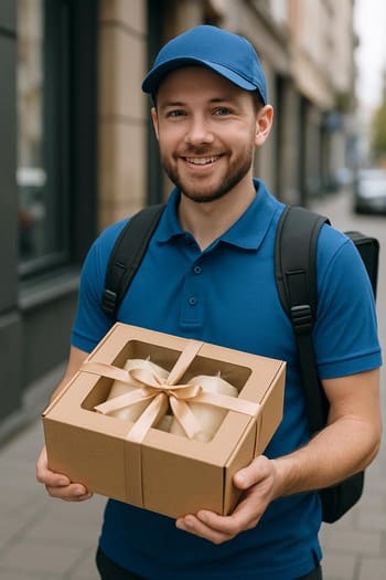 Şəhər küçəsində Craft&Glow hədiyyə qutusu daşıyan kuryer və işıqlı vitrin fonu