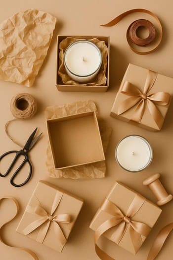 Masanın üzərində lentlə bağlanmış Craft&Glow hədiyyə qutuları və şamlar