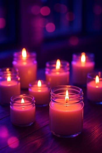 Neon işıq effektli, masada düzülmüş Craft&Glow Candles handmade şam kompozisiyası