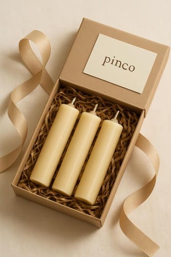 Kraft qutuda yığılmış Craft&Glow Candles hədiyyə dəsti və pin co brend kartı