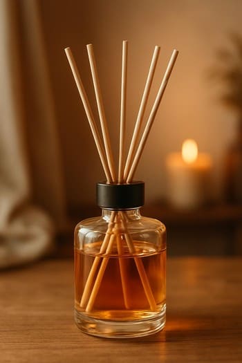 Ətirli şüşə diffuzor, qızılı çubuqlar və yumşaq işıqla Craft&Glow Candles kompozisiyası