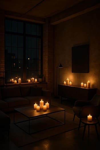 Loft üslubda interyer, fon işıqları və pin co şamları ilə gecə atmosferi