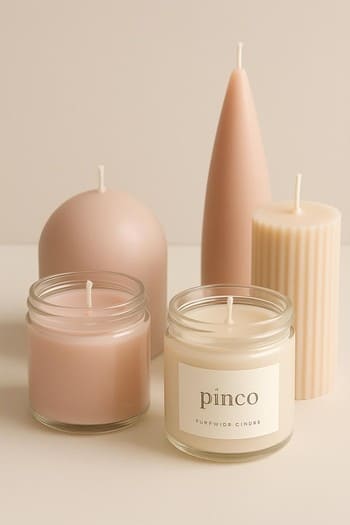 Pastel rəngli pinco şamları gün işığında rəf üzərində düzülmüş