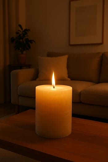 Otaqda isti işıq yayan böyük şam və fonunda rahat divan kompozisiyası