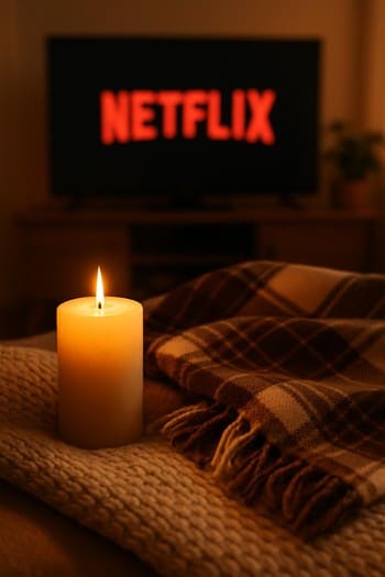Televizor qarşısında yandırılmış şam və plaed ilə rahat Netflix axşamı