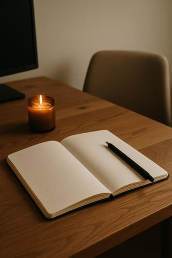 İş masasının üstündə şam, dəftər və qələm ilə fokus ritualı