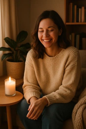 Divanda oturub şam fonunda gülümsəyən gənc qız