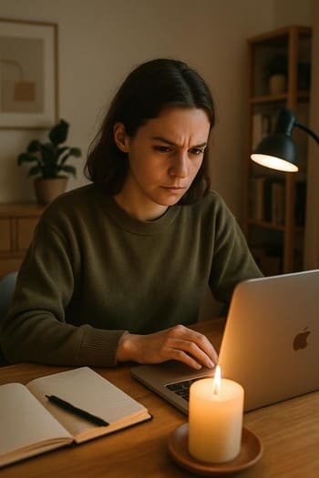Noutbuk, dəftər və yanında yanan fokus şamı olan iş masası