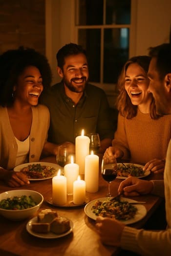 Naharlıq masası ətrafında gülən dostlar və ortada şam