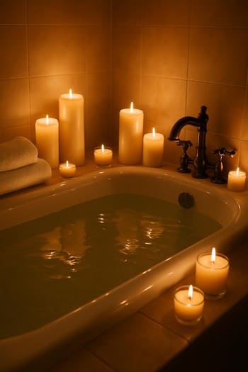 Vanna kənarında bir neçə yandırılmış şam və sakit işıq