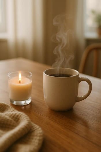 Səhər stolunda isti fincan, açıq pəncərə və yanında pinco şamı