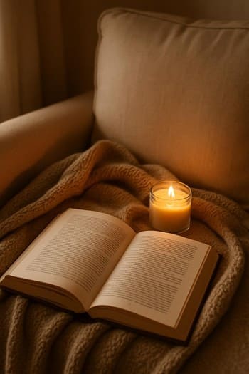 Weekend axşamında kitab, plaed və yanında yandırılmış şam kompozisiyası