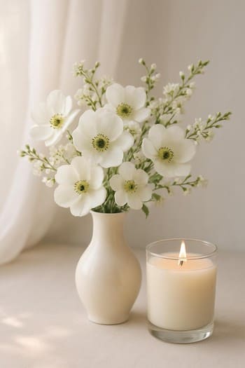 Şüşə vazada çiçəklər və yanında yandırılmış floral şam