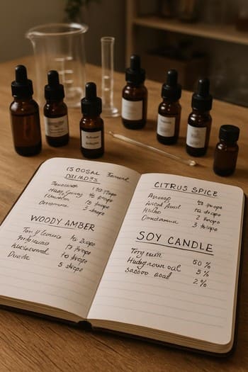 Ətir reseptləri yazılmış dəftər və yanında ölçü stəkanları