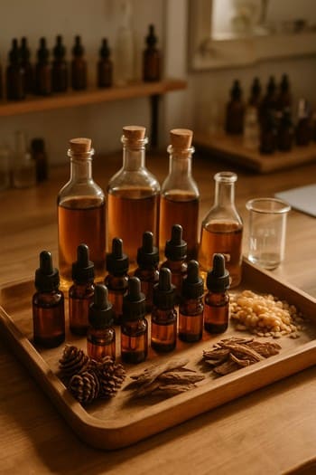 Kiçik şüşə ətir yağları, pipetlər və metal sini üzərində laboratoriya səhnəsi