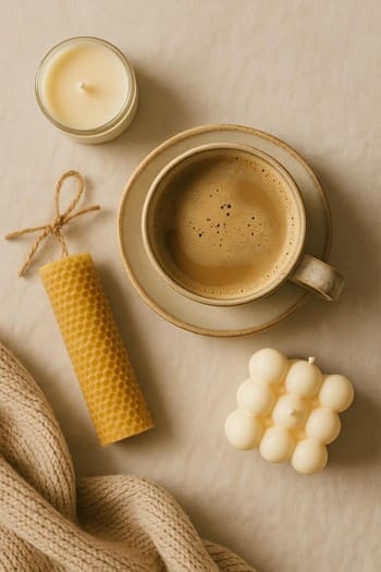 Kitab, fincan qəhvə və iki şam ilə yuxarıdan çəkilmiş flatlay kompozisiyası