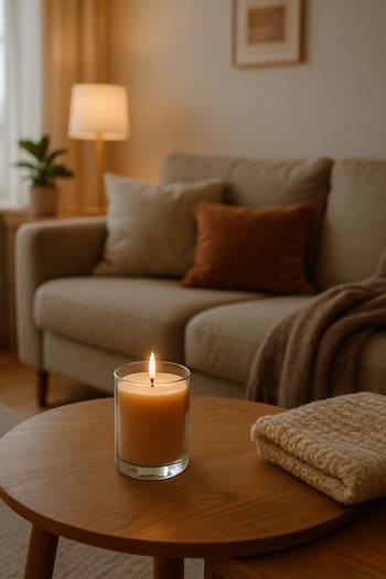 Müasir kreslo, yumşaq plaed və yanında yanan şam ilə qonaq otağı kadrı