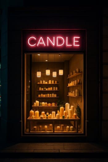 Bakı küçəsinə baxan vitrin pəncərəsində Craft&Glow şamları və neon işıq
