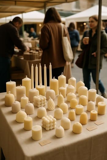 Şəhər yarmarkasında masa üzərində düzülmüş şamlar və diffuzorlar