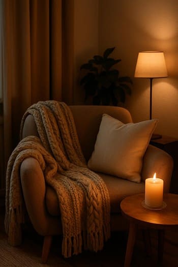 Kreslo, plaed və kiçik stol üzərində yandırılmış şam ilə rahat oxu guşəsi