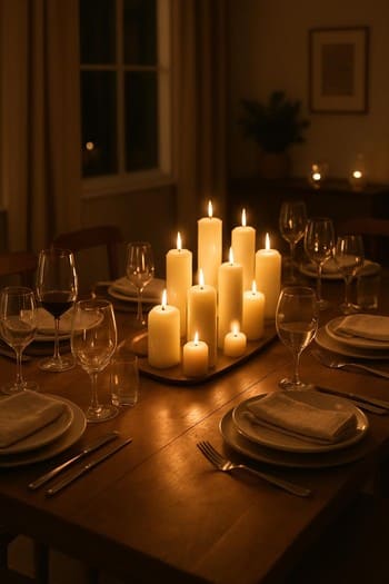 Naharlıq masasında bir neçə şam və süfrə elementləri ilə isti atmosfer