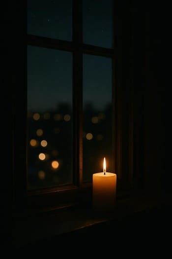 Gecə şəhər mənzərəsi görünən pəncərə önündə yandırılmış şam