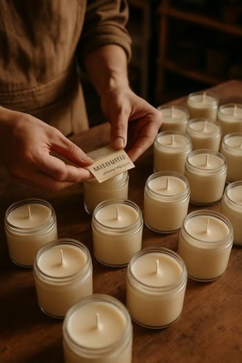 Masanın üzərində şamların etiketlərini yapışdıran usta