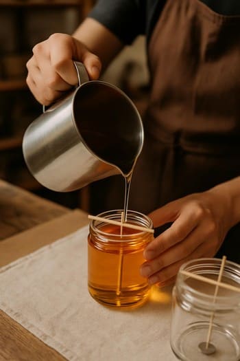 Studiyada əl ilə şüşə qaba əridilmiş mumu tökən ustanın əlləri