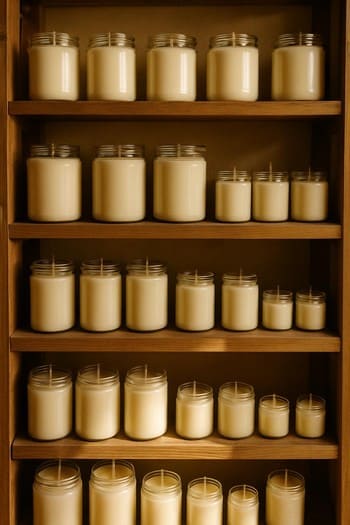 Rəflərdə hazır vəziyyətdə düzülmüş Craft&Glow Candles şamları
